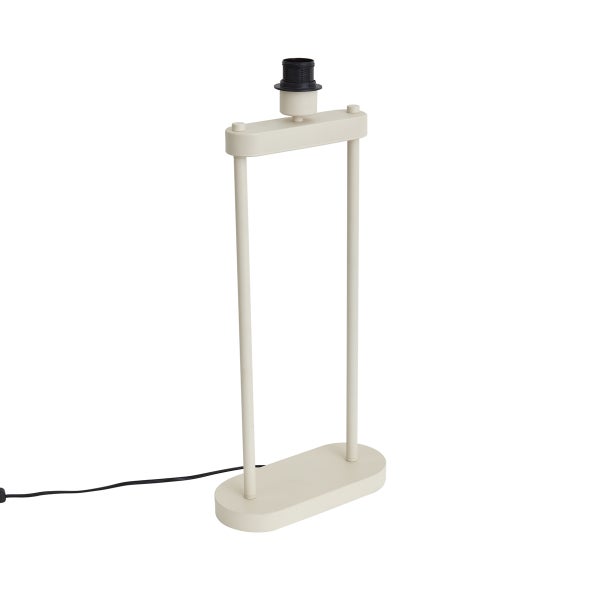Minimalistischer Tischlampenfuß aus Metall in Cremeweiß, rechteckiges Rahmendesign mit zwei Stützen und schwarzer Fassung.