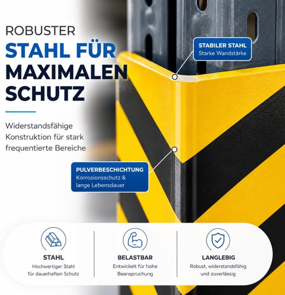 Eckschutzprofil aus robustem, pulverbeschichtetem Stahl in Gelb-Schwarz zur Absicherung von Regalen und Kanten im Lager.