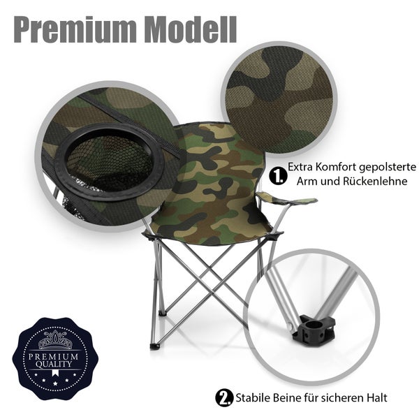 BigDean Campingstuhl für Personen ab 1,70 m - Großer Bequemer Faltstuhl in Camouflage – Anglerstuhl belastbar bis 120 kg – der Klappstuhl mit extra großer Sitzfläche für ultimativen Komfort im Freien