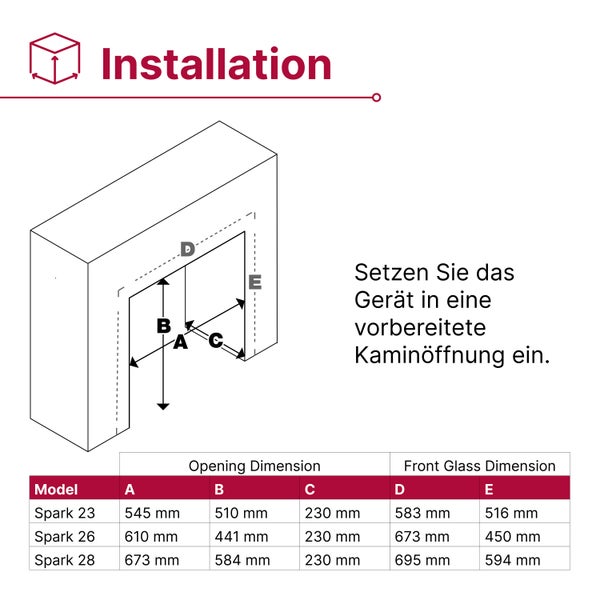 Technische Zeichnung zur Kamininstallation der Modelle Spark 23, Spark 26 und Spark 28. Tabelle mit Maßen für Öffnung und Frontglas in Millimetern.