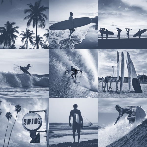 Collage mit Surfszenen: Surfer, Palmen und Wellen.