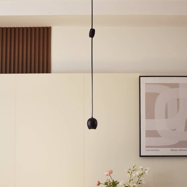 Minimalistische schwarze Pendelleuchte mit kleinem ovalen Schirm in hellem Innenraum.
