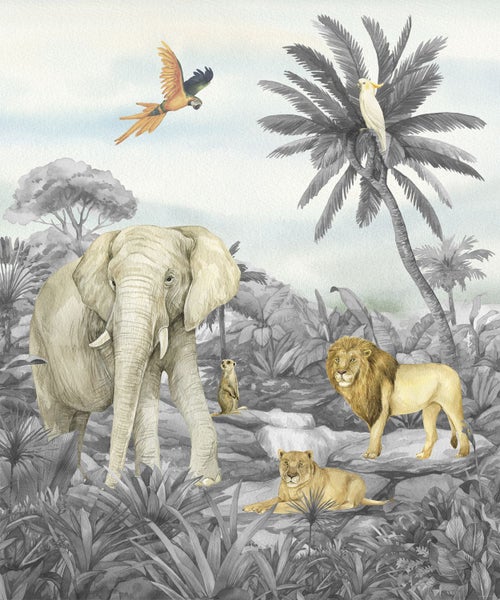 Illustration einer Dschungellandschaft mit Elefant, Löwen, Erdmännchen, Papagei und Kakadu