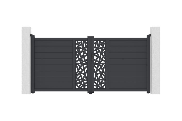 Zweiflügeliges Einfahrtstor aus Aluminium mit horizontalen Lamellen und dekorativem Lochmuster-Element zwischen zwei Pfeilern.