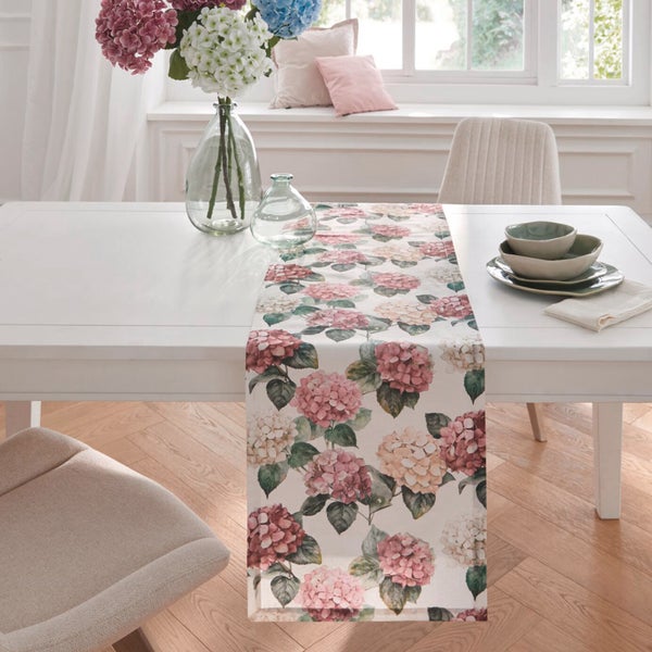 FRANK FLECHTWAREN|Tischläufer Hortensien, 40 x 140 cm, BAUMWOLLE, POLYESTER