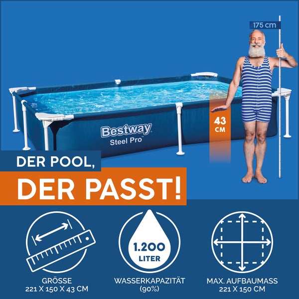 Bestway Steel Pro Rahmenpool, Größe 221 mal 150 mal 43 Zentimeter, Wasserkapazität 1200 Liter, maximales Aufbaumaß 221 mal 150 Zentimeter.