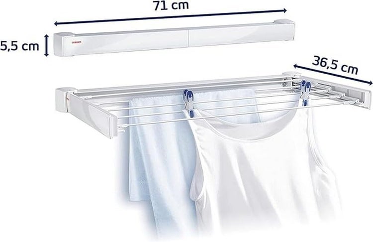 Leifheit Wandtrockner Telegant 30 Protect, 3m Wäscheleine für kleine Haushalte, platzsparender Trockner, Wäschereck mit Wandmontage, drinnen und draußen, Wäschetrockner für die Wäsche zwischendurch
