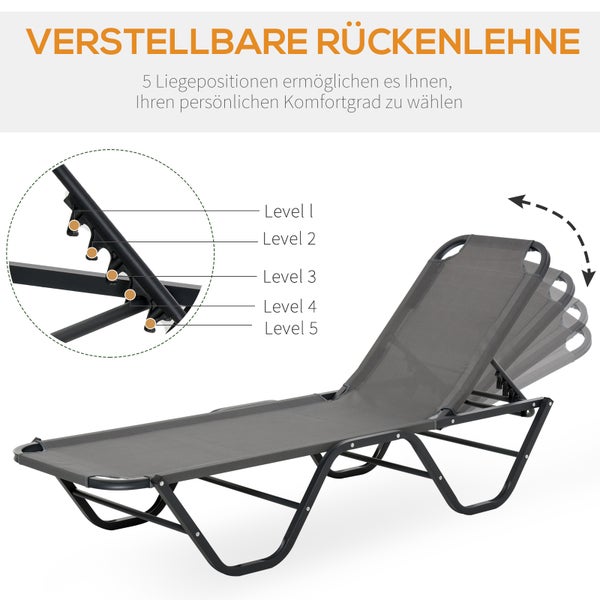 Outsunny Sonnenliege Strandliege 5-Stufige Alu Gartenliege Relaxliege Texteline Grau+Schwarz 163 x 58,5 x 91 cm