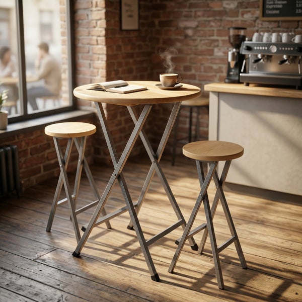 Dreiteiliges Set mit klappbarem Stehtisch und zwei Hockern mit runden Holzplatten und Metallgestell inklusive Maßangaben in Zentimeter.
