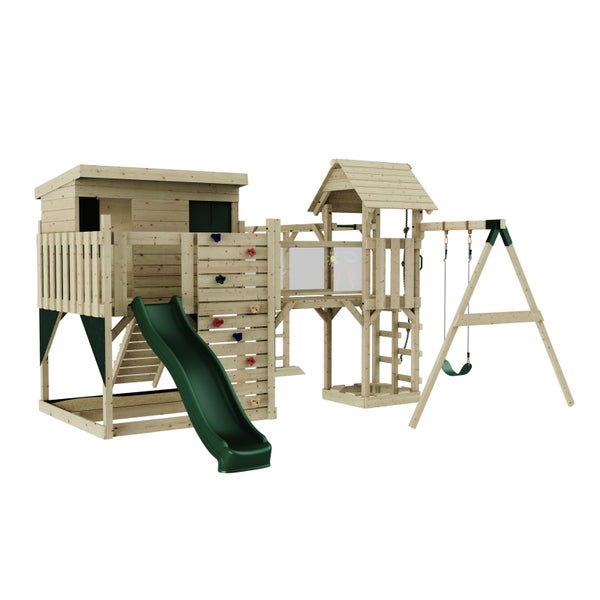 Spielturm aus Holz mit Schaukel, Rutsche, Kletterwand und Spielhaus für den Garten