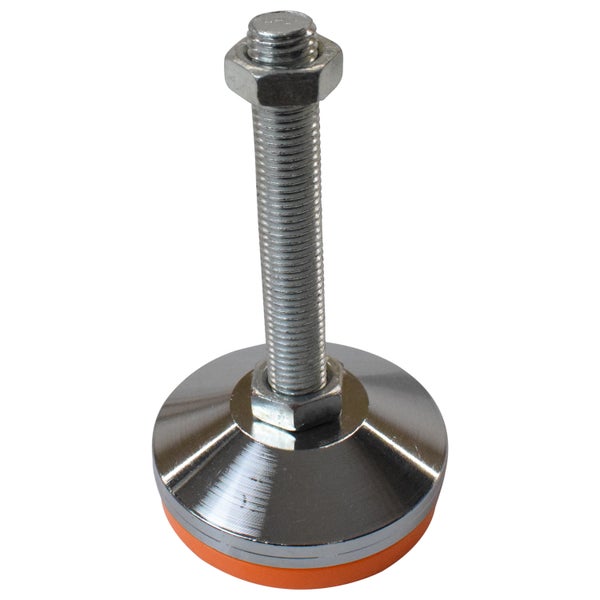 Verstellbarer Möbelfuß aus Metall mit Gewindestange, Sechskantmuttern und orangefarbener Basis.