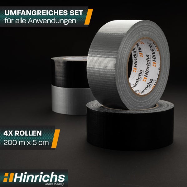 Hinrichs Panzertape Set mit 4 Rollen Gewebeband, 200 Meter Gesamtlänge und 5 Zentimeter Breite, in Schwarz und Silber.