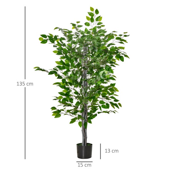 HOMCOM Künstlicher Ficusbaum groß 135 cm Kunstpflanze, Plastik Künstliche Pflanzen Ficus im Topf, Kunstbaum wie echt mit Zement, Kunstgras für Wohnzimmer Schlafzimmer Büro Garten