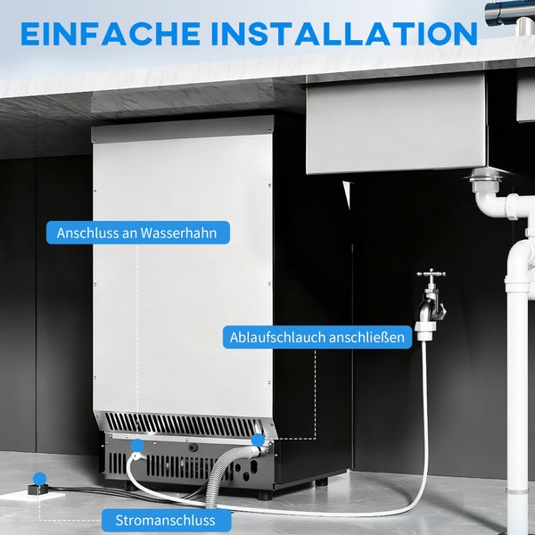 Einfache Installation einer Eismaschine unter einer Arbeitsplatte mit Anschlüssen für Wasserhahn, Ablaufschlauch und Stromanschluss.