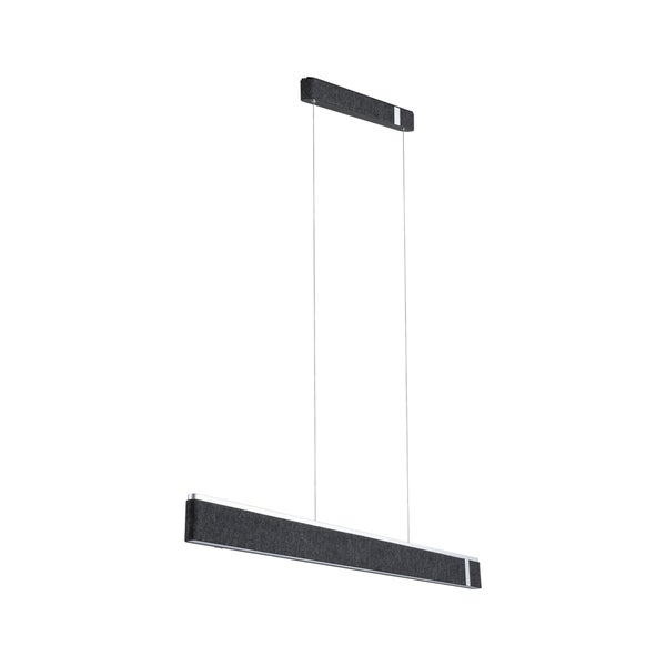 Moderne, lineare LED-Pendelleuchte mit dunkelgrauem Filz-Effekt und silbernen Kanten, höhenverstellbar an zwei dünnen Seilen.