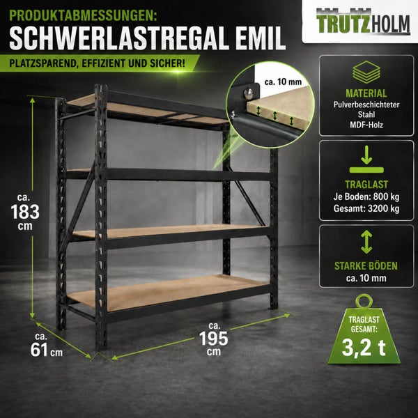 Trutzholm Schwerlastregal Emil, pulverbeschichteter Stahl und MDF, circa 183x195x61 Zentimeter, Tragkraft 3200 Kilogramm, Trutzholm Logo.