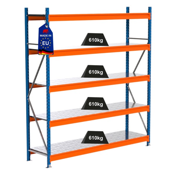 Lagerregal mit vier Regalböden und einer Traglast von 610 Kilogramm pro Regalboden, Etikett Made in EU