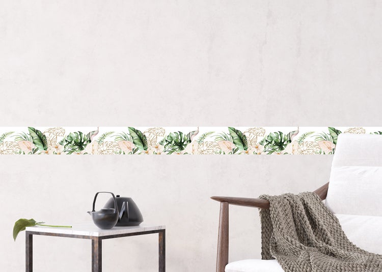 Selbstklebende Wandbordüre mit tropischem Blätter- und Blumenmuster, Monstera und Farnen, 13,8 Zentimeter hoch und 500 Zentimeter lang.