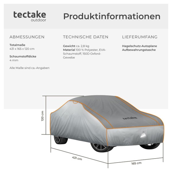 Produktinformationen zur Autoabdeckung inklusive Maße, technische Daten, Lieferumfang und Tectake Logo.