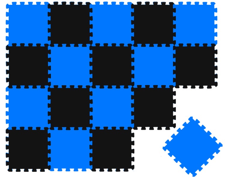 Ineinandergreifende Bodenschutzmatten aus Schaumstoff in Blau und Schwarz mit Schachbrettmuster.