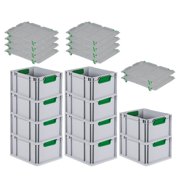 PROREGAL Spar Set 10x Eurobox Nextgen Color Mit Auflagedeckel & Schiebeschnappverschlüsse HxBxT 22 x 30 x 40 cm Griffe Grün Geschlossen Glatter Boden