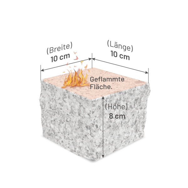 Granitpflasterstein mit geflammter Oberfläche, Länge 10 Zentimeter, Breite 10 Zentimeter, Höhe 8 Zentimeter.