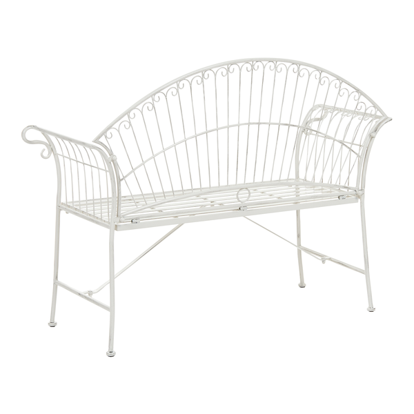 Nostalgische Gartenbank aus Metall in antik-weißem Design mit verschnörkeltem Bogenrücken.