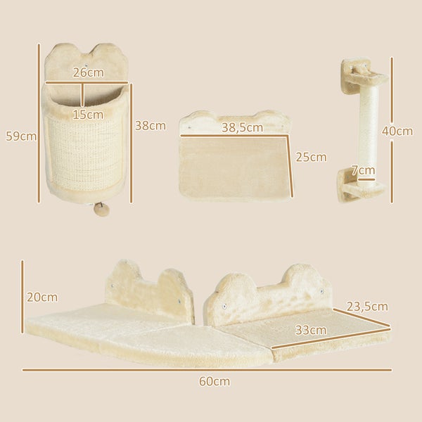 PawHut Katzen Kletterwand Set, 4-teilig Katzenmöbel Kletterwand Katzen mit Sitzplattform, Eckplattform, Spielball und Bogen-Kratzbrett, Katzen-Wandmöbel für Katzen bis 5 kg, Beige