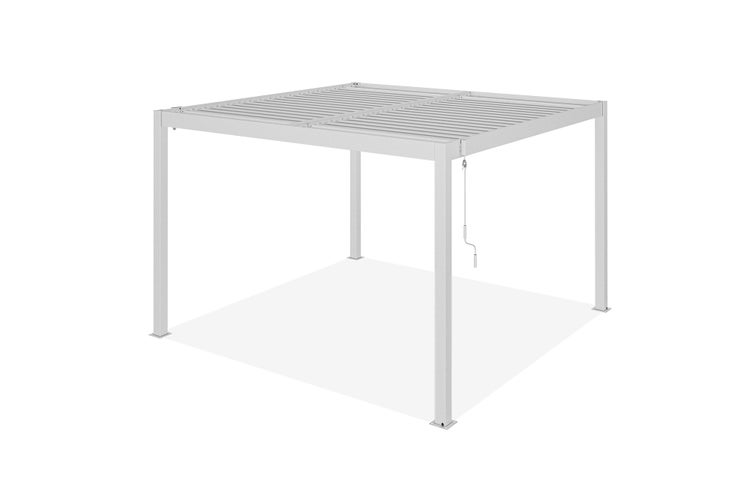 Freistehende Pergola aus Metall mit verstellbarem Lamellendach und Handkurbel zur manuellen Steuerung.