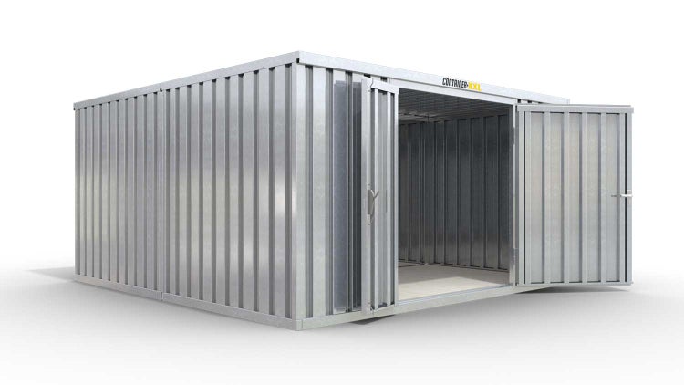Lagercontainer Gerätehaus XL2  – 21 qm, H2150 x B5080 x T4340 mm, verzinkt, mit Holzfußboden, 1830 mm Doppelflügeltür mittig in Stirnseite, zerlegt