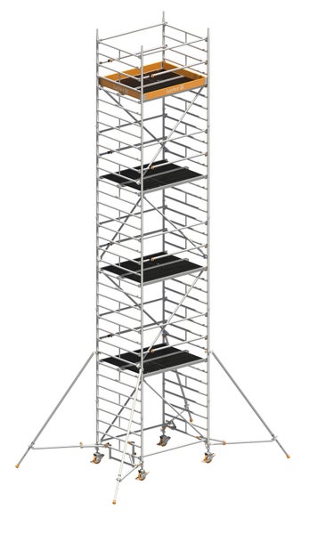Layher Fahrgerüst mit mehreren Ebenen und Stabilisatoren