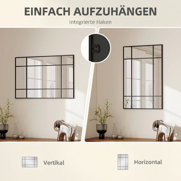 Rechteckiger Wandspiegel mit schwarzem Sprossenrahmen, horizontal und vertikal aufhängbar durch integrierte Haken auf der Rückseite.