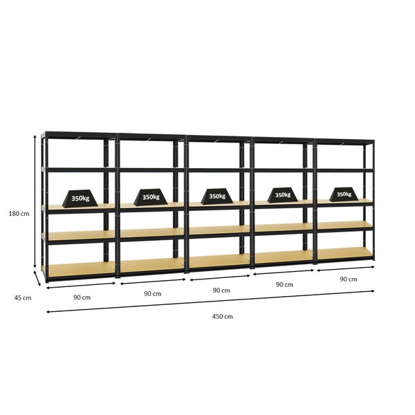 PROREGAL Mega Deal 5x Schwerlastregal Slim Elephant S HxBxT 180 x 90 x 45 cm 5 Ebenen Fachlast 350 kg Schwarz