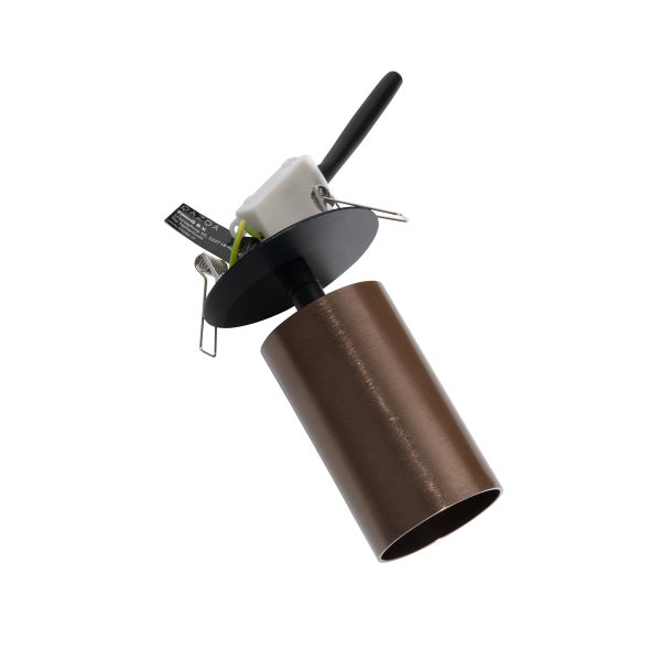 Zylindrischer Einbaustrahler in Bronze mit schwarzer Montageplatte und Befestigungsfedern.