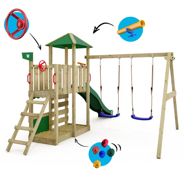 WICKEY Spielturm Klettergerüst Smart Savana mit Schaukel und Rutsche, Spielhaus mit Kletterleiter und Spiel-Zubehör – grün