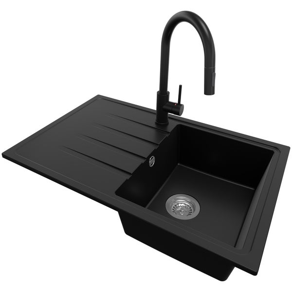 PRIMAGRAN Granitspüle Schwarz 78x50cm, Spülbecken 1 Becken + Küchenarmatur 40x20cm + Ablauf-Set, Küchenspüle ab 45er Unterschrank - Mailand
