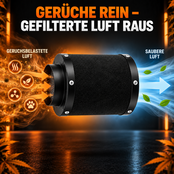 Aktivkohlefilter für Luftreinigung, zeigt den Prozess der Geruchsfilterung von belasteter Luft zu sauberer Luft.