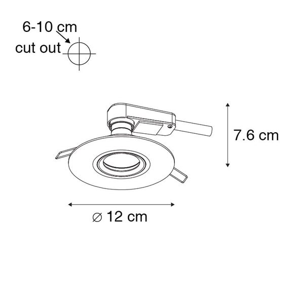 Maßskizze Einbaustrahler: Durchmesser 12 Zentimeter, Höhe 7,6 Zentimeter, Ausschnitt 6 bis 10 Zentimeter.