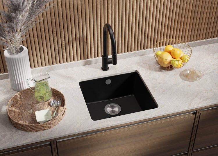 PRIMAGRAN Unterbauspüle Granit Alles Schwarz 46x44cm, Spülbecken 1 Becken + Küchenarmatur 32x20cm + Ablauf-Set, Granitspüle ab 50er Unterschrank - Venedig Easy