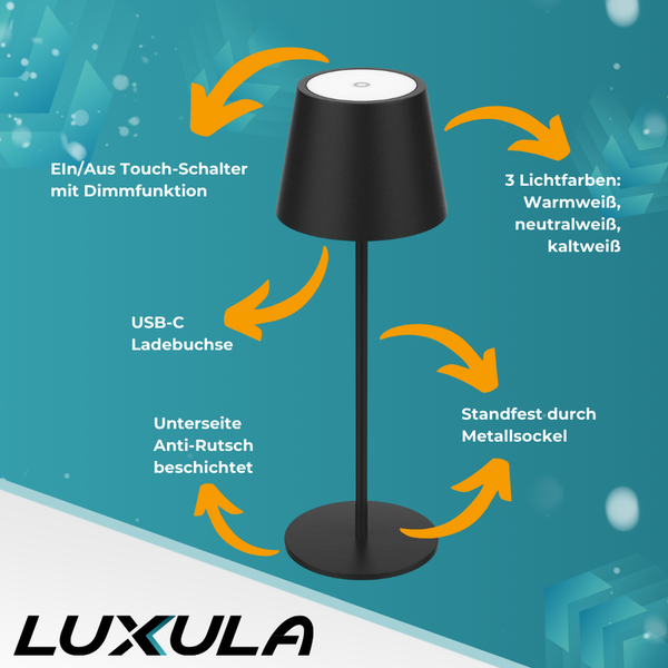 LUXULA Tischleuchte mit Touchschalter, Dimmfunktion, USB-C Ladebuchse und Metallsockel