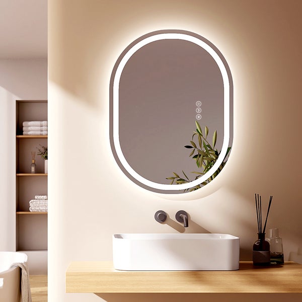 EMKE Badezimmerspiegel mit Beleuchtung 600x800 mm – Oval, Dimmbar, Antibeschlag, Stromausfall-Speicher, Touch-Schalter, 5mm Rostfreier Spiegel, Mattierte Spiegelkante, IP44