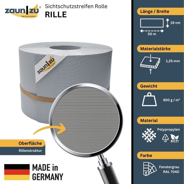 Zaunfolie Rolle, Sichtschutzstreifen aus Polypropylen mit Rillenstruktur, 50 Meter lang