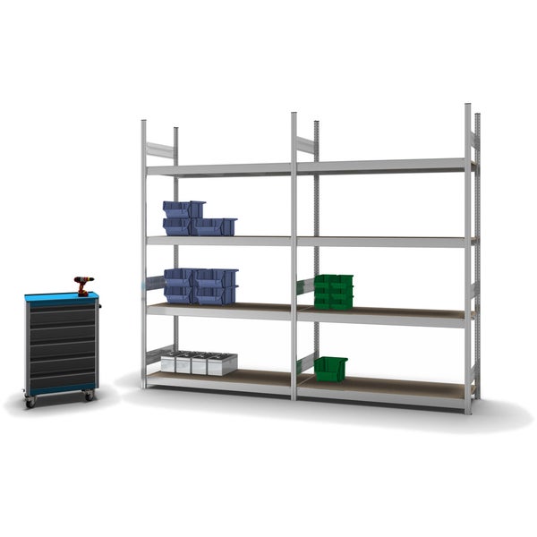 PROREGAL Weitspannregal Stecksystem T-Profil Grundregal HxBxT 250x150x50 cm 4 Ebenen Spanplatten Fachboden Fachlast 350 kg Verzinkt