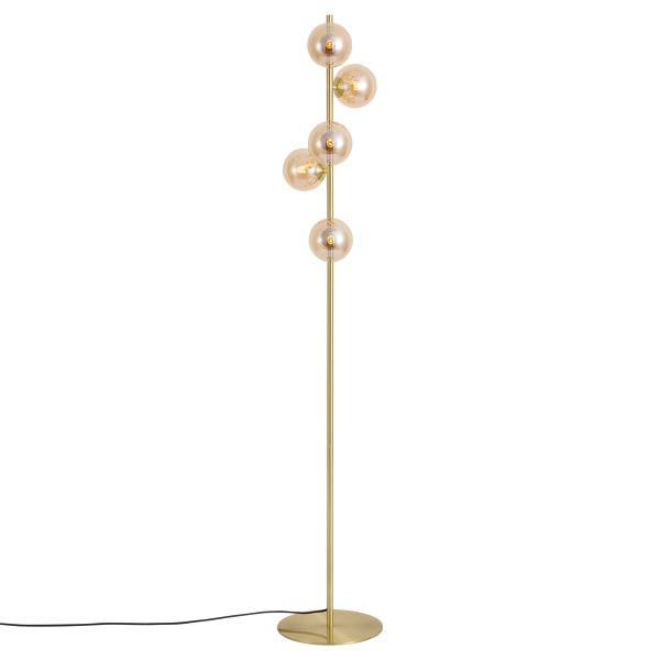 Stehleuchte mit fünf gläsernen Leuchtkugeln auf einem schmalen Metallgestell in moderner Optik