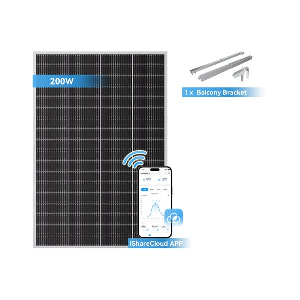 Solarmodul 200 Watt inklusive einer Balkonhalterung und Smartphone App zur Überwachung.