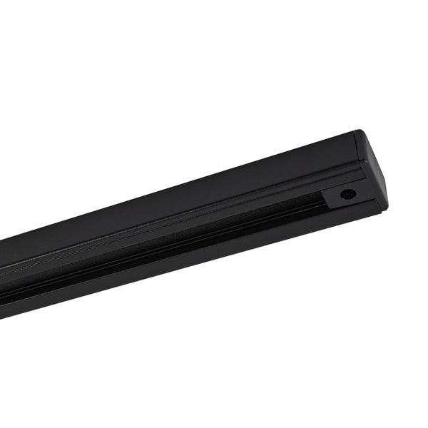 Schwarze Stromschiene für Schienensysteme aus Metall mit Endkappe.