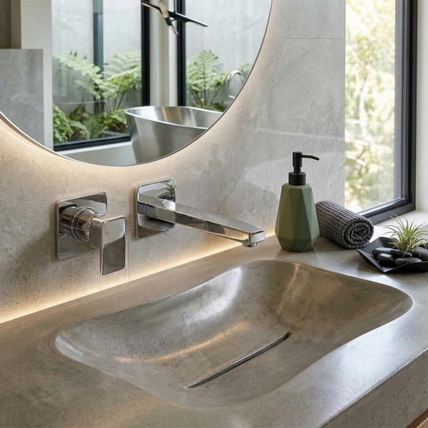 Modernes Badezimmer mit integriertem Betonwaschbecken, wandmontierter Chromarmatur, hinterleuchtetem Rundspiegel und Accessoires auf dem Waschtisch.