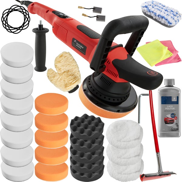28-teiliges Exzenter Poliermaschinen-Set tectake  inklusive Lackpolitur, 2 Mikrofasertüchern, Wischer, Schwamm, Handschuh und 2 Ersatzkohlen 810 W schwarz/rot