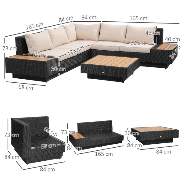 Eck-Garten-Lounge-Set aus dunklem Geflecht mit beigen Polstern und Holztisch inklusive detaillierter Maßangaben in Zentimeter.