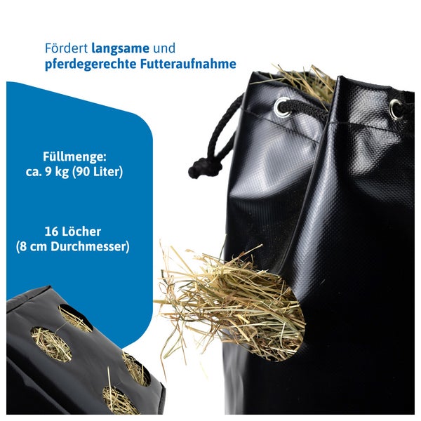 Heunetz für Pferde zur langsamen Futteraufnahme, Füllmenge circa 9 Kilogramm (90 Liter) mit 16 Löchern (8 Zentimeter Durchmesser)